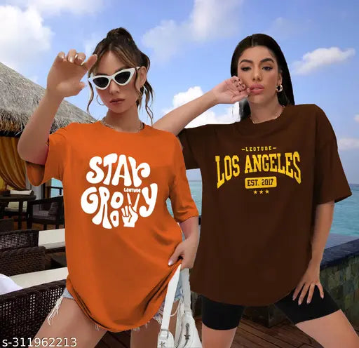LEOTUDE Women's Half Sleeve Round Neck Oversized Printed T-Shirt Combo (Pack of 2) | Plus Size Also Available