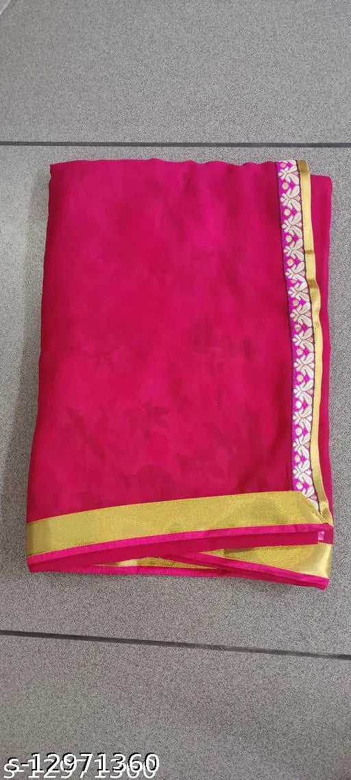A traditional Indian saree with a pink Georgette lace border, likely made of silk or synthetic satin fabric