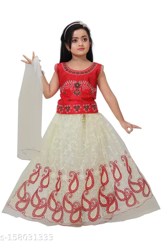Soft silk embroidered lehenga choli for kids, net dupatta and sleeveless top. 3-4 years size from India