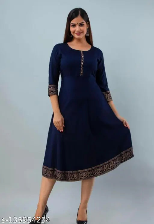 Dark blue rayon kameez with gold print border, V-neck, short sleeves