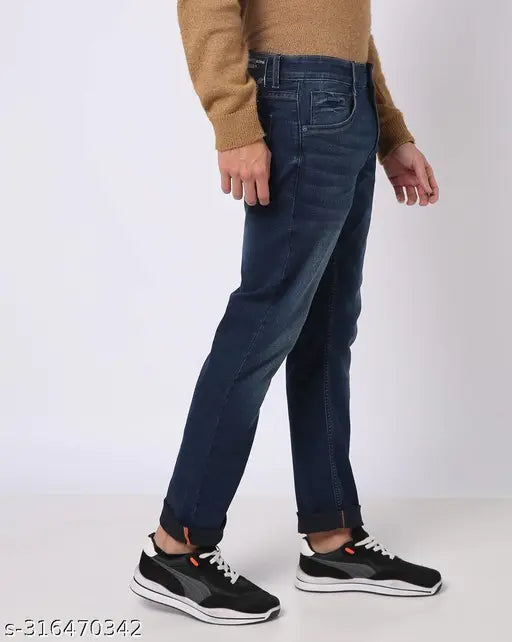 Denim blue men's jeans, stylish fit, comfortable, mid-rise, India-made