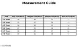 The image shows a variety of blue items displayed with measurements, including what appears to be a pair of jeans, a t-shirt, and a pair of shorts
