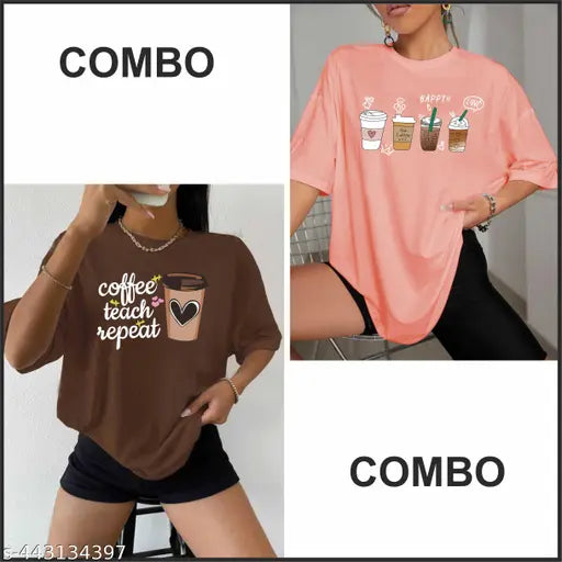 Fancy Fabulous Women Stylish Printed Oversized Round Neck Tshirt for women And Girls Combo Pack of 2
