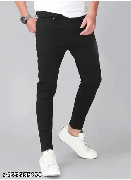 Black polycotton solid denim jeans for men, knee cut, size 28, 30, or 32
