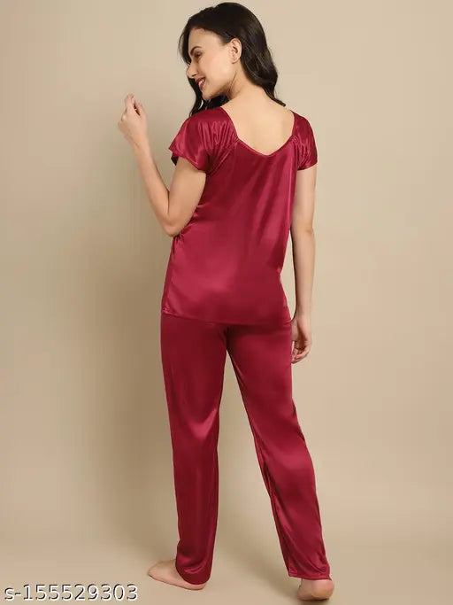 Boston Satin nightsuit for women, solid satin pyjamas in rich pink color