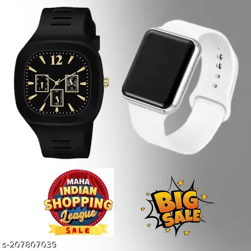A black, square analog watch with a white face and multiple dials, featuring a silicone strap