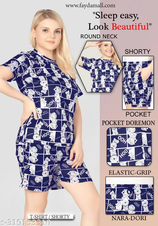 Women's printed polyester night suit set - short sleeve pyjama & T-shirt combo in 3 pieces