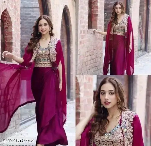 Silk-chiffon three-quarter sleeves blouse, full embroidery western pattern, heavy georgette fabric
