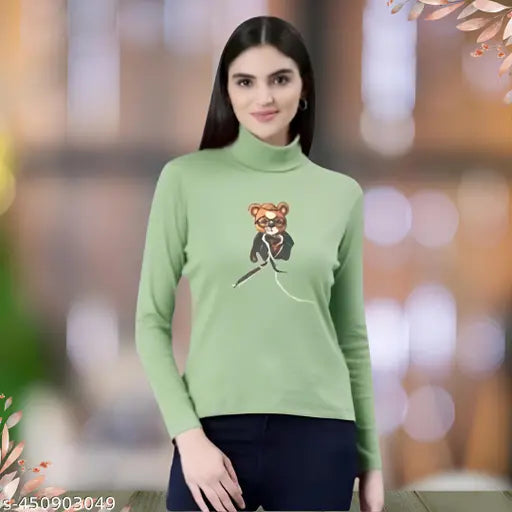 Multicolor cotton blend high neck T-shirt for women, featuring printed design and long sleeves. Great for casual and semi-formal wear. Available in sizes S and M