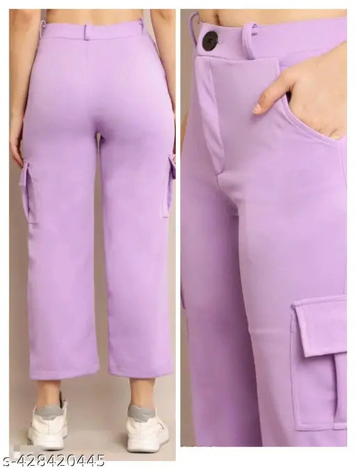 Lavender cargo pants with side pockets and zip closure