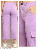 Lavender cargo pants with side pockets and zip closure