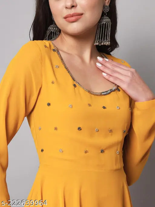 Georgette Anarkali Kurta, single-colored Indian women's outfit with round neck, long sleeves, and ankle length. Hand-embroidered neck and front yoke in Georgette fabric, lined