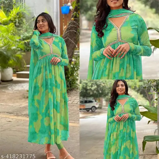 Georgette floral printed women's gown with dupatta set for trending wedding attire and functions. Long sleeves, suitable for summer wear, parties, and outdoor events. Indian Anarkali style dress with boat neck and bandhani patterns
