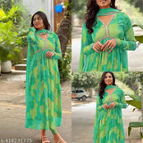 Georgette floral printed women's gown with dupatta set for trending wedding attire and functions. Long sleeves, suitable for summer wear, parties, and outdoor events. Indian Anarkali style dress with boat neck and bandhani patterns
