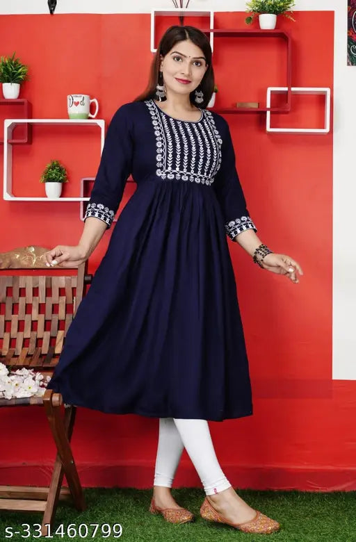 Rayon embroidered kurta, three-quarter sleeves, breathable fabric for women's fashion