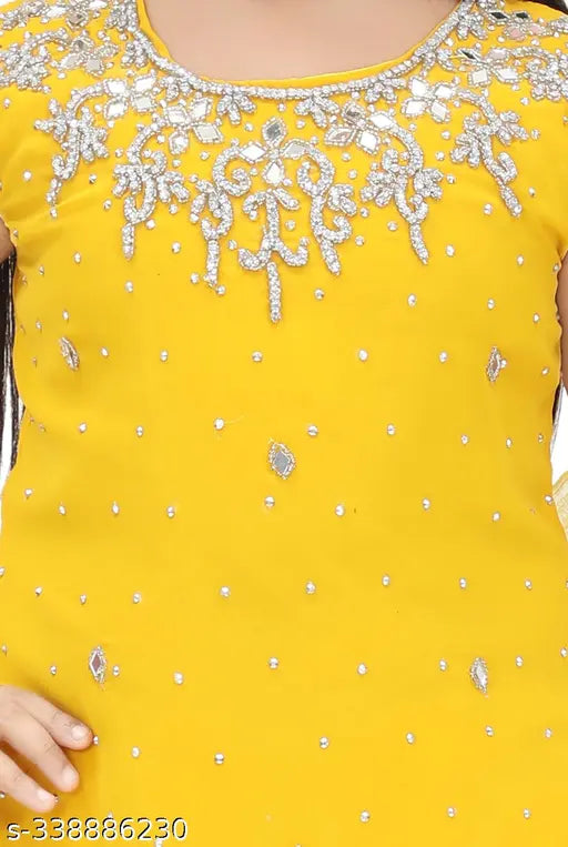 Georgette girls kurta patiyala set, sleeveless, embellished & lace net, mustard color, India-made ethnic wear