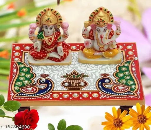 Handmade marble Puja Chowki with Ganesh & Lakshmi idols, vibrant colors and intricate details, perfect for Diwali celebrations