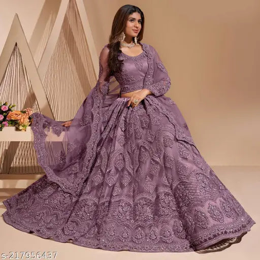 Trendy net embroidered lehenga-choli set for women party wear, semi-stitched (waist size 44in, length 42in), embellished top and dupatta