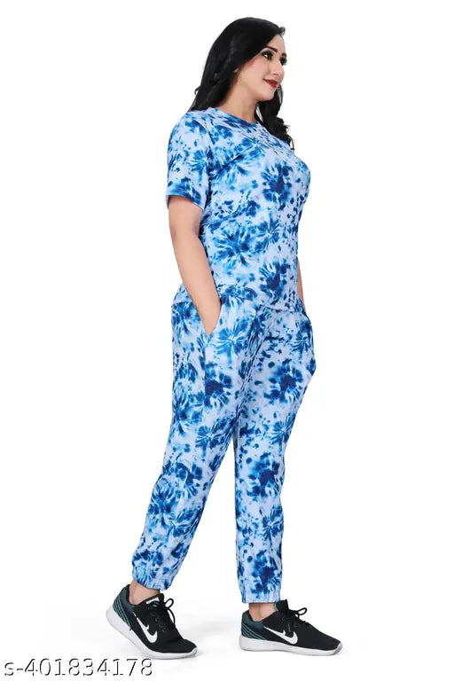 Blue crepe co-ord set: Women's straight fit top & trouser pant with printed multi-color design, India origin