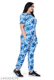 Blue crepe co-ord set: Women's straight fit top & trouser pant with printed multi-color design, India origin