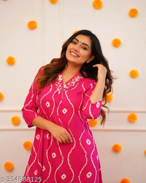 Pink floral print rayon kurti and pant co-ord set, premium quality daily use office and party wear