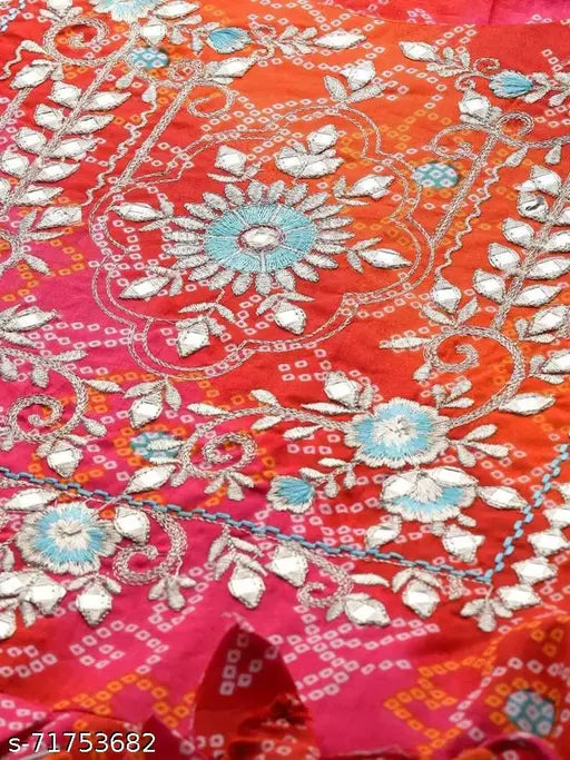 Red embroidered rayon sari with full flare design