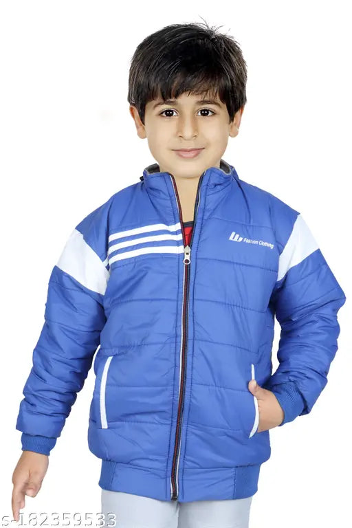 Blue winter jacket with hood, reversible design, zip closure
