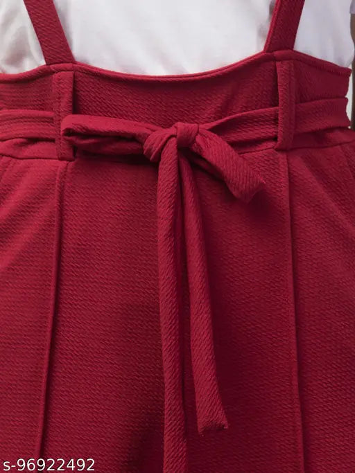 Maroon polyester dungarees with white t-shirt, women's casual outfit for a stylish fit