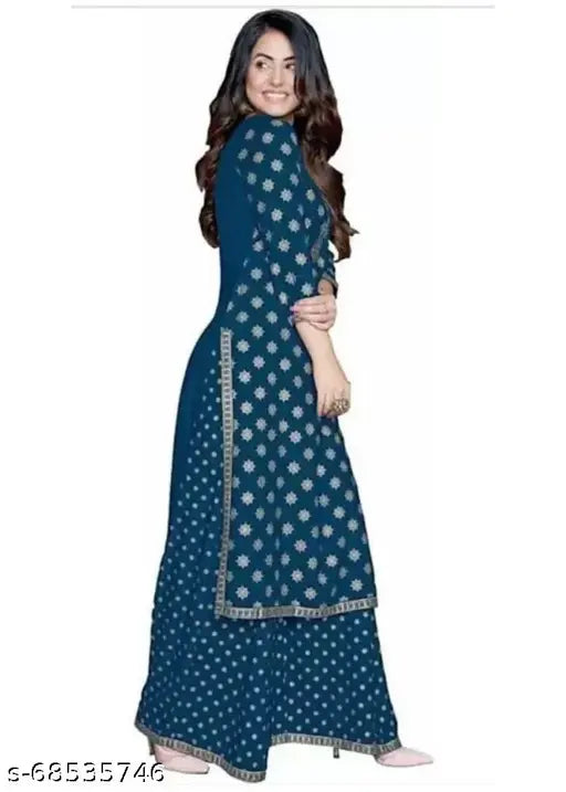 Blue rayon printed women's kurti with matching palazzo