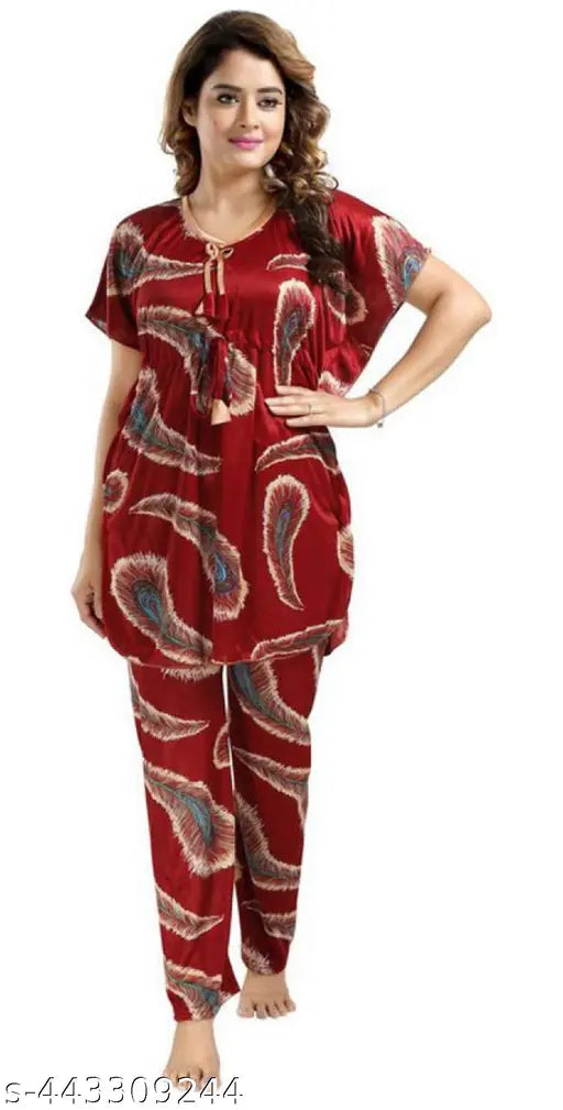Maroon all-over cross print satin kaftan night suit, women's satin pyjama set with short sleeves
