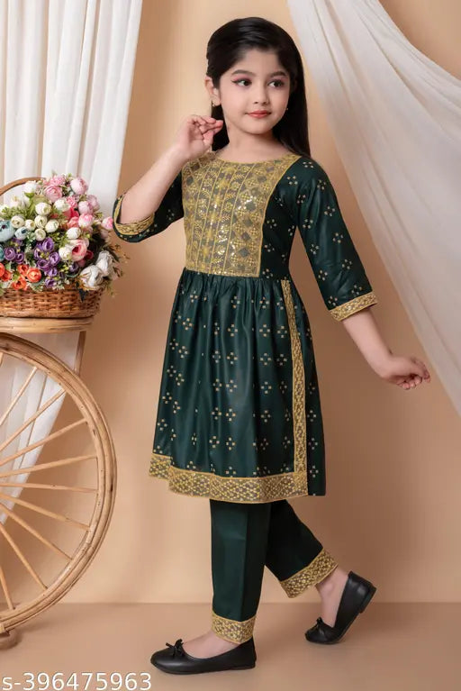 Embroidered cotton Naira cut kurti with palazzo pants for girls, latest design in Indian ethnic wear
