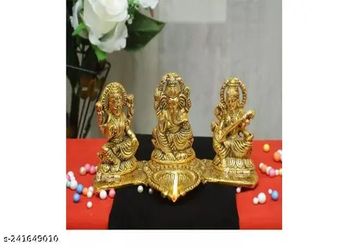 Metal MISHA Laxmi Ganesh Saraswati diya decorative showpiece, Indian idols with diyas on display shelf