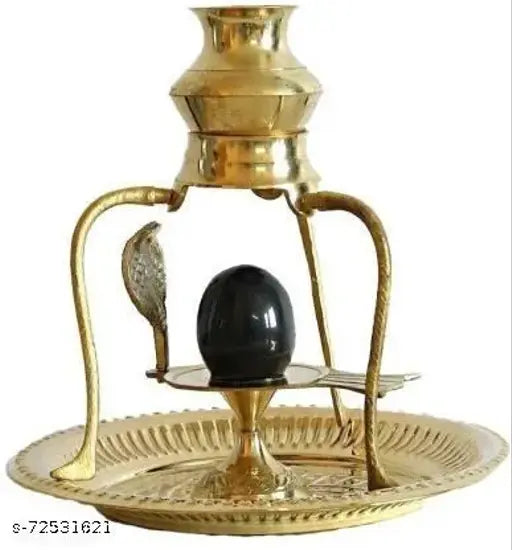 Brass 4-inch Shivling with Sheshnag and black stone Ling idols, intricately crafted Indian religious artifact for worship