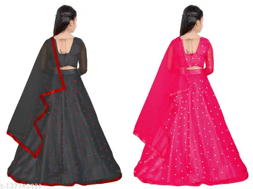 Stylish blackred and gajri kids girls lehenga choli set, unstitched cotton lehenga and net dupatta with three-quarter sleeves, embroidered patterns, two net pieces in various sizes for Indian traditional wear