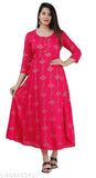 Rayon Rani Pink Anarkali Kurti, Sanganeri gold printed, three-quarter sleeves, Indian women's fashion