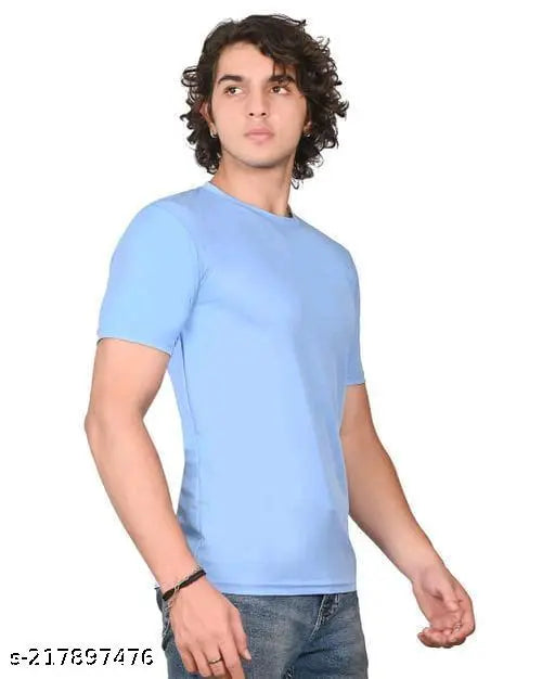 Sky blue polyester half sleeve men's t-shirt with round neck, comfortable fit, and cool material