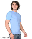 Sky blue polyester half sleeve men's t-shirt with round neck, comfortable fit, and cool material
