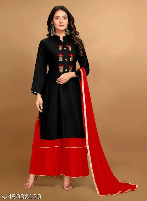 Red and black dupatta set with embroidered details