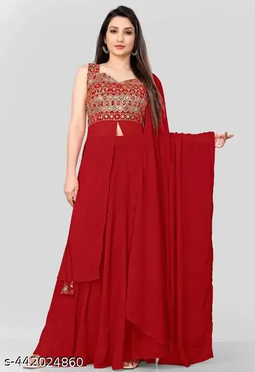 Red silk kurta set with embroidered sequin work, sleeveless design, traditional dupatta