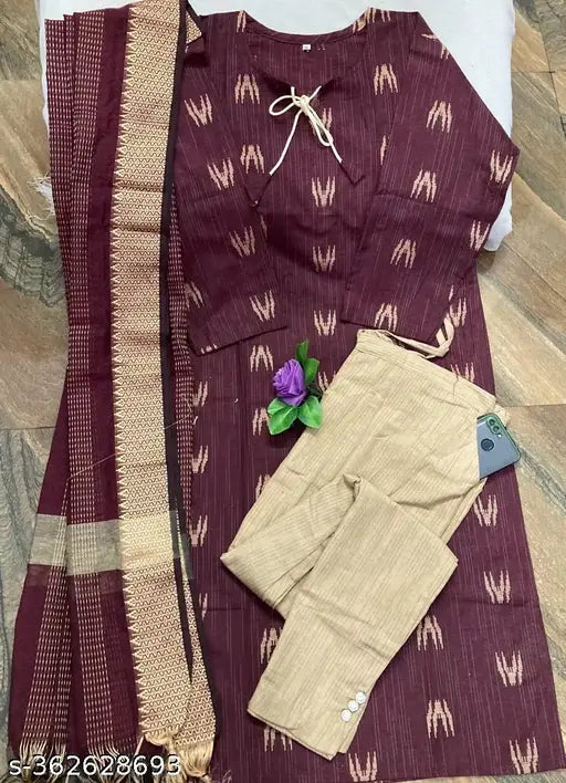 Cotton printed net kurta and pants set for women, three-quarter sleeves, single size available