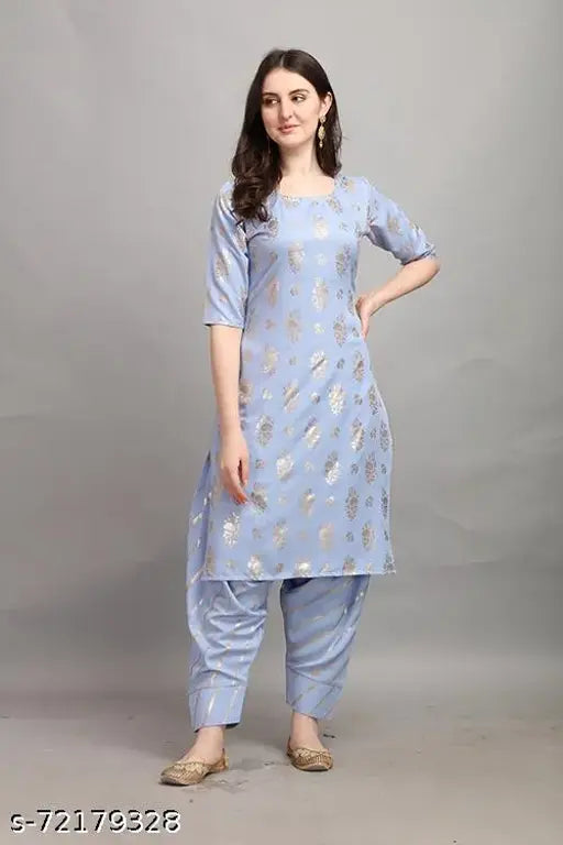 Paper Silk kurta sets with rayon palazzos, three-quarter sleeves, Indian woven design. Single size options available from S to XXL. Made in India