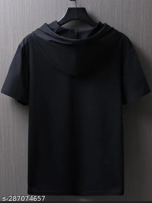 Casual regular men's cotton blend t-shirt, short sleeves, self-design. Comfortable hooded tee, perfect for everyday wear. Made in India