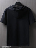 Casual regular men's cotton blend t-shirt, short sleeves, self-design. Comfortable hooded tee, perfect for everyday wear. Made in India