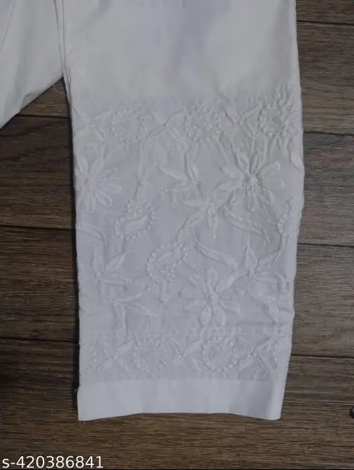 White embroidered cotton chikankari trouser for women, intricate Lucknow design on net material