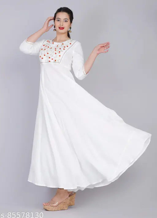 Embroidered Rayon Slub Three-Quarter Sleeve White Kurti from India