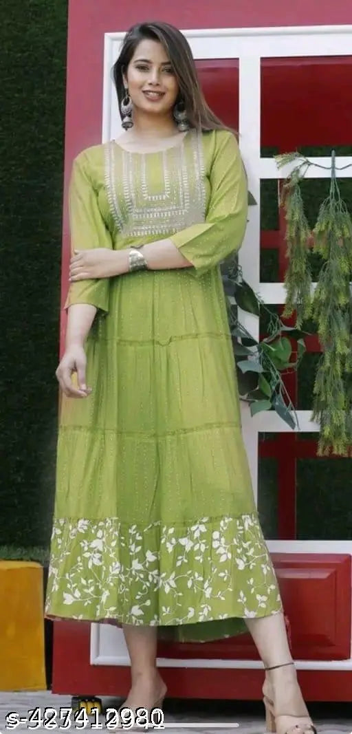 Green and white embellished anarkali kurti