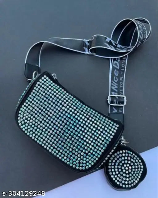 Shiny multi-color shinestone crossbody purse, likely leather with multiple card slots