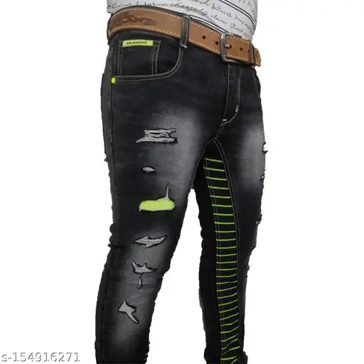 Stylish cotton blend dyed/washed men's jeans for active everyday life. Comfortable fit with front and back pockets. Available in sizes: 28, 30, 32, 34 (Waist 28-34, Length 41in). Made in India