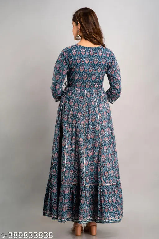 Nishabd women's printed cotton round neck, three-quarter sleeves, ankle flared kurta - Indian ethnic fashion