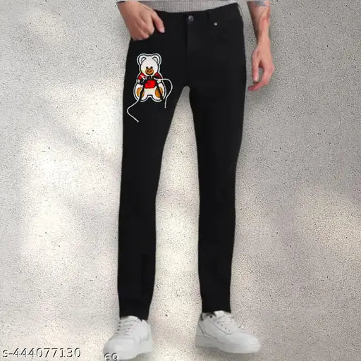 Men's teddy bear fashion black jeans with zip closure